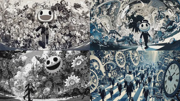黑白水墨：全景镜头，机械装置快速转动，所有的齿轮和钟表都在转动，齿轮运转，镜头在机械城市里旋转穿梭，机械齿轮构建的城市里，一个穿着西服的巨大的笑脸圆头木偶走在路上，夸张视角，，特殊视角，特殊构图，有机械怪物和机械章鱼在行走。