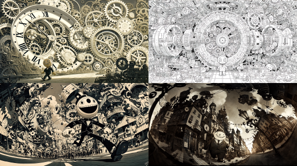 黑白水墨：全景镜头，机械装置快速转动，所有的齿轮和钟表都在转动，齿轮运转，镜头在机械城市里旋转穿梭，机械齿轮构建的城市里，一个穿着西服的巨大的笑脸圆头木偶走在路上，夸张视角，，特殊视角，特殊构图，有机械怪物和机械章鱼在行走。