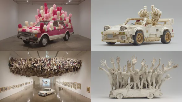 一辆车，上半部分是1000只手组成，下半部分是1000只脚组成的