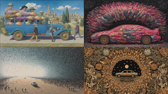 超现实主义，虚无背景，一辆车，上半部分是1000只手挤在一起向四面八方招手。，下半部分是1000只脚在地面行走，没有轮子。