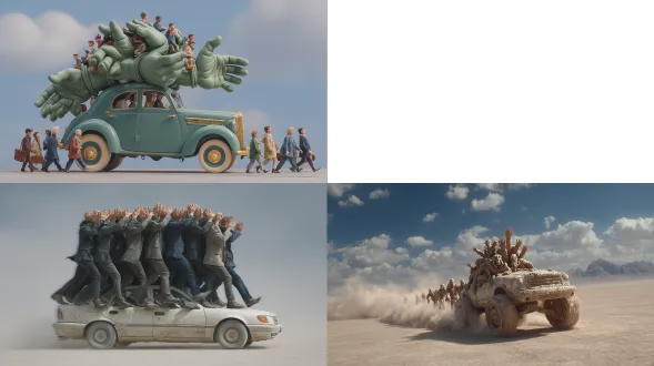 超现实主义，虚无背景，一辆车，上半部分是1000只手挤在一起向四面八方招手。，下半部分是1000只脚在地面行走，没有轮子。