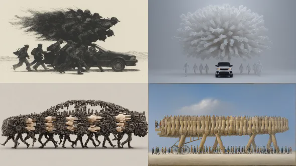 超现实主义，虚无背景，一辆车，上半部分是1000只手挤在一起向四面八方招手。，下半部分是1000只脚在地面行走，没有轮子。