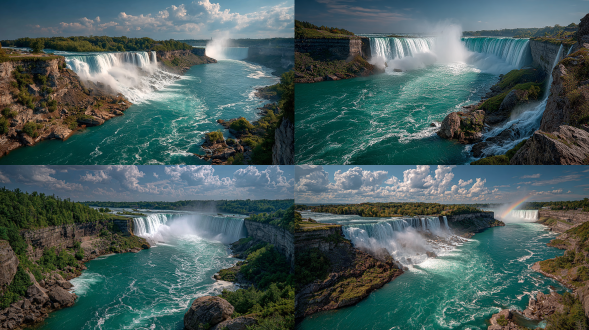 尼亚加拉瀑布全景俯瞰，雷霆万钧的水流倾泻，马蹄形瀑面，水雾升腾，彩虹横跨，阳光折射，广角镜头，bt.2020色域，高饱和度，强对比度，锐利细节，岩石纹理，翠绿植被，湛蓝天空，动态模糊，长曝光，自然光，震撼气势，雄浑壮观，水珠飞溅，深渊水潭，白雾缭绕，光晕效果