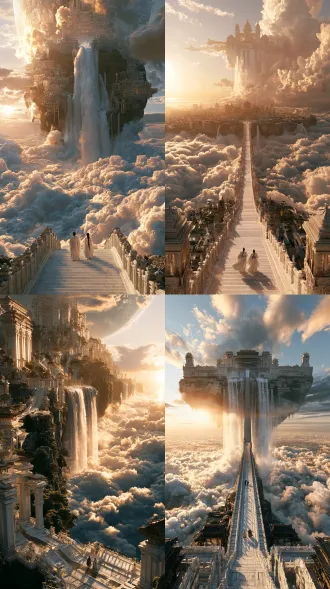 9:16竖屏，宏大仙侠场景，超长高白玉石天巨大阶梯天宫半边星球，巨大廊坊花园，巨大瀑布中段有两名古装人物并肩向前行走，脚下云海翻涌，清晨暖金色晨光，柔和大气光影，ue5渲染，史诗cg，8k超精细pbr材质，宏大震撼透视，电影级氛围感 畸形肢体、人脸崩坏、多余手指、现代建筑、汽车、文字、水印、logo、模糊、低画质、建筑破损、栏杆扭曲、恐怖画面