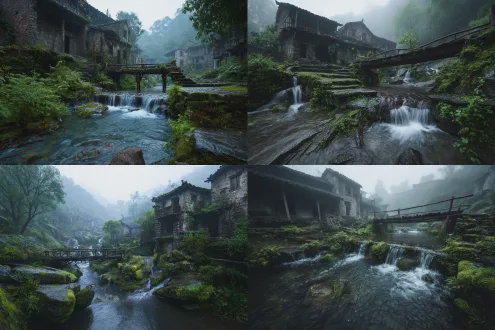 古老破败村庄，瀑布倾泻，木桥横跨，传统建筑残垣，郁郁葱葱绿植覆盖，雾气缭绕，精细纹理，电影般灯光，宁静神秘氛围，广角镜头，低角度，柔光，冷色调，高动态范围，晨雾弥漫，苔藓细节，流水慢门，远景构图，深沉阴影，静谧感。