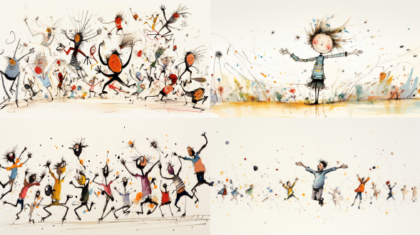 "昆汀·布莱克风格，手绘线条，狂野随性，儿童绘本插图，角色夸张幽默，凌乱头发，大鼻子，瘦长四肢，水彩纹理，纸本质感，明亮色彩，轻快笔触，欢乐氛围，动态姿势，简略背景，白色留白，墨水勾勒，无阴影平面感。"