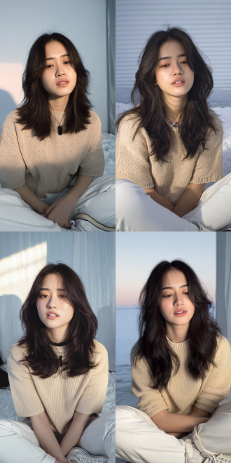 long-haired young woman with black hair, wearing a beige knitted sweater, a black tie, white tight pants,and white laced shoes, sitting cross-legged with eyes closed in the snow, arms crossed, in a tranquil winter scene. sunlight gently casts shadows on the snow, high resolution, shallow depth of field, natural light, cool tones, serene atmosphere, soft shadows, fine textures,reflected light on the snow, static composition, elegant ambiance, minimalist style.