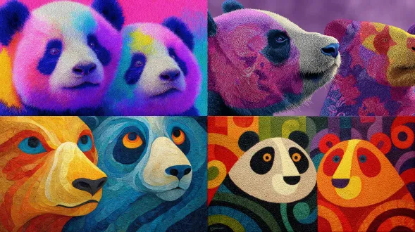 vivid abstract art, two whimsical giant pandas, adorned with bright patterns and designs, set against a background of swirling colors, both playful and full of vitality. close-up of the giant pandas' faces, with high saturation, a surreal style, a large aperture with a shallow depth of field, soft lighting, bright tones, a cheerful atmosphere, symmetrical composition, rich in detail, abstract textures, a dreamy ambiance, and a strong sense of artistry.