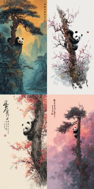 水墨画，狂放不羁的写意笔触，一只熊猫在爬一棵大树，憨态可掬，笔墨干湿晕染，色彩淡雅大气，温馨浪漫，小女人画师作品，大师级作品，极致高清，枯笔。极简。不要文字，不要文本