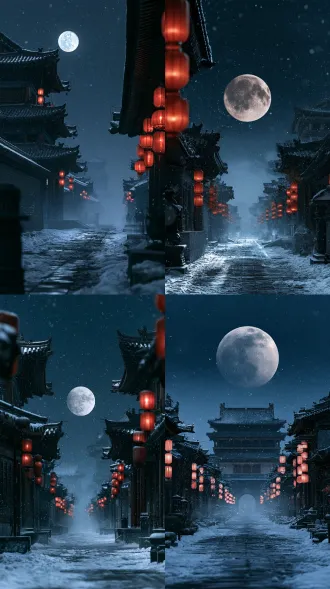 雪夜古长安，对称构图，深靛蓝夜空，满月飞檐宫墙，落雪红灯笼，石街覆雪，烟雾朦胧，浅景深，胶片颗粒，武侠电影质感，诗意氛围感