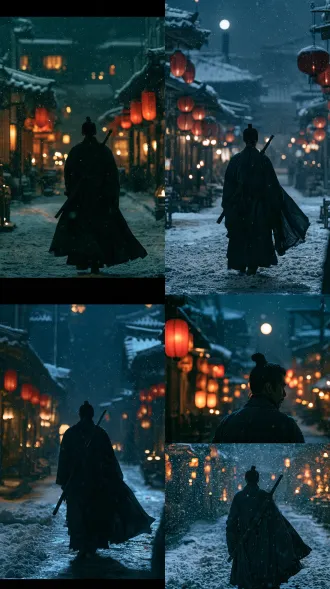back view of a lone male swordsman in a dark ink-black hanfu robe, hair tied in a traditional topknot, a long sword strapped to his back, walking alone down an empty snow-blanketed ancient chang'an street at night, fine snow falling around him, red lanterns hanging on wooden shop fronts casting warm amber light, snow on tiled roofs reflecting moonlight, his robe and cloak gently moving in the cold wind, cinematic wuxia film still, deep indigo night, silver snow, warm lantern bokeh, silhouette rim-lit by moonlight, melancholic and heroic mood, film grain, shallow depth of field