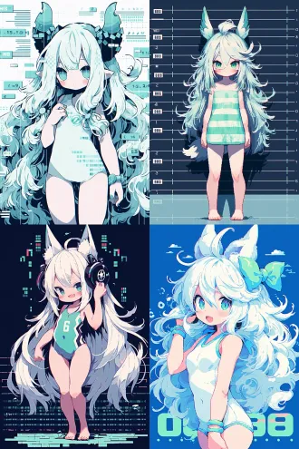 小女孩，白色长发，妖怪耳朵，swimsuit, 夸张动作，可爱，水蓝色调，条形码，像素风格，八比特