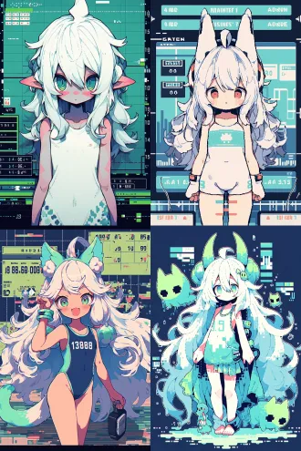 小女孩，白色长发，妖怪耳朵，swimsuit, 夸张动作，可爱，水蓝色调，条形码，像素风格，八比特