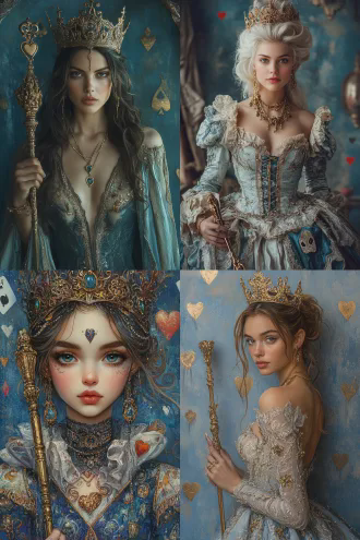 ``` queen of spades, wearing a golden crown and holding a scepter, intricate gold jewelry, blue and gold ornate dress, textured blue background with spade symbols and a heart, vintage and grunge style ```