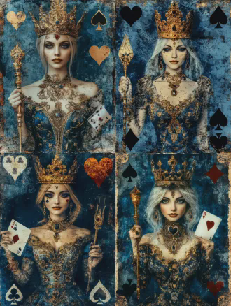 ``` queen of spades, wearing a golden crown and holding a scepter, intricate gold jewelry, blue and gold ornate dress, textured blue background with spade symbols and a heart, vintage and grunge style ```