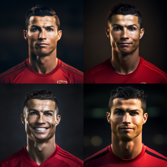 足球运动员c罗正面照，穿着红色球衣，特写面部，温暖氛围 足球明星，特写，面部表情，正面视角，红色球衣，温暖光线，细节丰富，焦距远，高清晰度，自信笑容，专注。