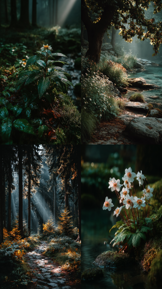 秘境森林，梦幻，精灵，三分法构图，长焦镜头，逆光，8k超清