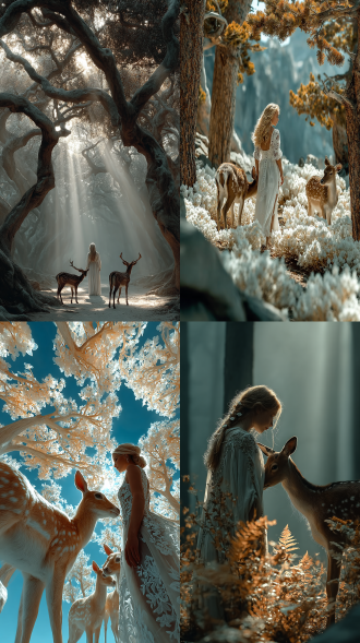 奇幻森林，参天大树，白衣精灵美女与鹿嬉戏，长卷发甜笑，三分法构图，长焦，18k超高清，明亮逆光丁达尔，梦幻清新，仙气飘逸。