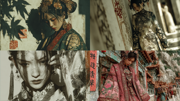 新中式风格，长发古代美女头发渐变为山川河流与古代建筑，温婉表情，优雅姿态，光影层次，中国风元素，精致细节，高动态范围，古典美学，侧光，广角镜头，自然气息浓郁，暖色调，静态构图，丝绸材质，柔和光晕，3d浮雕效果，18k超高清