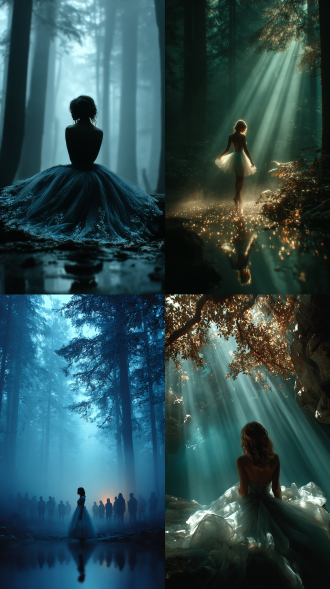 爱丽丝梦游仙境主题，秘境森林，高耸大树下，白纱裙美女站立，优雅神秘，女性私密感，逆光效果，三分法构图，超远景长焦镜头，18k超高清，柔和散景，梦幻色调，薄雾环绕，细腻质感，童话氛围，静谧优雅