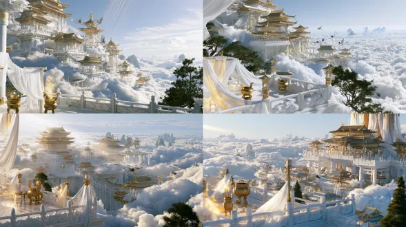 长风万里晴日云端天宫，写实国风，万里晴空澄澈无浊，浩荡长风卷动千层云海，前景白玉雕花观景云台，玉栏镌刻上古云纹，台面上散落鎏金三足香炉、垂落素色云纱，细碎金白灵光随风飘荡，几株苍劲古松斜倚白玉台边；中景层层递进的巨型云端天宫建筑群，重檐斗拱鎏金瓦顶，白玉长廊纵横交错连通殿宇，飞檐悬挂琉璃风铃，成群仙鹤乘风穿梭楼阁之间，流云在殿宇间隙缓缓翻涌；远景无边无际奔涌的云海浪涛，天际铺展通透琉璃蓝晴空，远处几座浮空仙峰隐于云潮尽头，万里长风掀动漫天云絮，晴朗无风尘的高空天气，正午通透顶侧柔光穿透云层切割出大面积丁达尔光束，建筑鎏金暖调与天穹冷青蓝色形成诗意色彩对比，超精细白玉石雕纹理、鎏金殿瓦肌理、流云层次、松针细节，8k超清画质，电影级光影和色彩形成诗意对比，sony cinealta f65 搭配 panavision primo prime 35mm 广角镜头，16-bit linear raw 确保极宽色域，深景深，低对比度设置保留暗部微小细节，恢弘磅礴上古天界氛围，画面空间纵深感极致辽阔