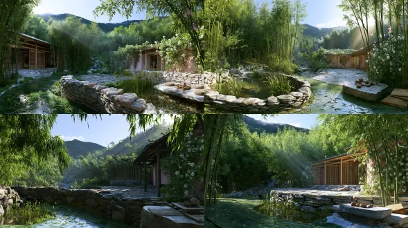 超写实国风全景画面，晴空万里澄澈无云，初夏正午柔和日光穿透层层竹梢洒落幽谷，前景蜿蜒打磨光滑的青石板步道散落细碎翠绿竹叶，一旁原石围砌流泉浅池漂浮野生菖蒲，石质平台摆放素雅粗陶茶席与竹编蒲团；中景连片千竿翠色竹林疏密错落，林间隐匿白墙黛瓦中式别院，原木飞檐回廊、镂空竹窗、青石院落错落舒展，粉墙攀着盛放白蔷薇，三两山雀停驻竹枝轻振羽翼；远景连绵青黛幽谷山峦，山巅萦绕极淡薄云，一条清澈山溪顺着山谷曲折延伸向密林深处，天气干爽通透无雾，自然光分层切割空间，穿透竹林的柔和丁达尔光束打造明暗诗意对比，静谧松弛的山野禅意氛围，超精细竹木、石材、建筑纹理，8k超高分辨率，电影级光影和色彩形成诗意对比，sony cinealta f65 搭配 panavision primo prime 35mm 广角镜头拍摄，16-bit linear raw 确保极宽色域，深景深构图，低对比度设置完整保留暗部微小细节，画面通透干净，实物质感真实厚重