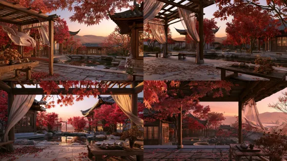 超写实国风全景画面，秋日晴朗傍晚，晚风轻拂漫天赤红枫红庭院，柔和橘调黄昏漫射光铺满整片场景，前景平整青石板地坪散落层层飘落的枫树叶，原木矮桌摆放青瓷茶具与风干野菊，木质廊架垂挂浅素纱幔随风微动；中景成片高大红枫环绕中式合院，飞檐木楼、雕花木窗、石砌鱼池错落排布，几尾锦鲤静游水面，晚风卷动枫木枝叶缓缓摇曳；远景平缓连绵浅棕秋山，天际晕染橘粉渐变晚霞，空气干爽通透，无风雾遮挡，黄昏侧逆光勾勒枫叶通透轮廓，冷暖色调交织形成诗意色彩对比，静谧温柔的秋日氛围感，超精细木质、石材、枫叶纹理，8k超高分辨率，电影级光影和色彩形成诗意对比，sony cinealta f65 搭配 panavision primo prime 35mm 广角镜头拍摄，16-bit linear raw 确保极宽色域，深景深画面，低对比度设置保留暗部微小细节，材质真实厚重，画面层次饱满柔和