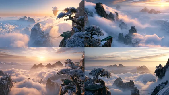 拂晓流云漫卷千仞雪峰悬空白玉道观，前景崖边冰封古松与青石论剑台，中景层叠悬空索桥、道家飞檐殿宇，远景连绵云海冰川群峰，山间细碎落雪缓缓飘落，柔和金色朝阳穿透云层形成丁达尔光，清冷圣洁国风写实，游戏cg，虚幻引擎5，ue5实时路径追踪渲染，lumen全局光照，nanite超高精度几何体，超精细pbr材质纹理，8k超高清，32bit色深，电影级光影，冷暖色彩诗意对比，体积光丁达尔光束，空气雾霭层次，丰富环境闭塞，细腻次表面散射，超写实物理材质，景深分层，细节拉满，百万级场景细节，hdr宽色域，电影构图，氛围感拉满，sony cinealta f65摄影机，panavision primo prime 35mm广角镜头，16-bit linear raw格式，极宽色域，深景深，低对比度画面设置，完美保留暗部微小细节