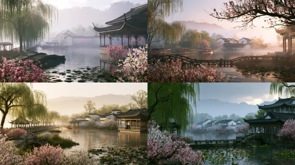 细雨连绵拂晓西湖长堤杨柳画舫水榭，前景飘落粉白桃花、青石曲桥与荷花池，中景白墙黛瓦江南民居、临水雕花长廊，远景朦胧烟雨远山，柔和漫射天光，温润治愈国风写实，游戏cg，虚幻引擎5，ue5实时路径追踪渲染，lumen全局光照，nanite超高精度几何体，超精细pbr材质纹理，8k超高清，32bit色深，电影级光影，冷暖色彩诗意对比，体积光丁达尔光束，空气雾霭层次，丰富环境闭塞，细腻次表面散射，超写实物理材质，景深分层，细节拉满，百万级场景细节，hdr宽色域，电影构图，氛围感拉满，sony cinealta f65摄影机，panavision primo prime 35mm广角镜头，16-bit linear raw格式，极宽色域，深景深，低对比度画面设置，完美保留暗部微小细节