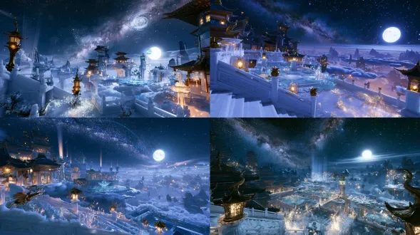 星河漫天，浩瀚深空夜色，写实国风巨型巍峨天上宫阙，前景是白玉雕花悬空云阶、鎏金青铜仙鹤灯台、散落发光星屑与浮空玲珑玉栏，阶边丛生发光灵仙草卉，细碎星河光斑落在玉石地面；中景层层叠叠错落飞檐天宫殿宇，重楼琼阁依山云盘旋延伸，白玉廊桥连接各座仙殿，漂浮云台、浮空琉璃莲池、玉质钟楼错落分布，殿宇飞檐悬挂星河琉璃灯盏，云雾在楼阁间隙缓缓流动；远景无边无际连绵浮空仙山，无尽璀璨旋转星河天幕，巨大皎白星月悬于苍穹，层层稀薄云海铺展天地边界，天地间漂浮细碎星尘流萤；天气为静谧无云浩瀚星夜，漫天璀璨银河垂落天穹，轻薄流动星雾笼罩整片天宫；光线以清冷银色星河月光为基底，殿宇暖金色琉璃灯火形成冷暖色彩诗意对比，巨大体积光丁达尔光束从星河云层缝隙倾泻而下，ue5实时路径追踪渲染，lumen全局光照，nanite超高精度几何体，超精细pbr材质纹理，8k超高清，32bit色深，电影级光影，空气雾霭层次丰富，丰富环境闭塞，细腻次表面散射，超写实物理材质，景深分层，细节拉满，百万级场景细节，hdr宽色域，电影构图，氛围感拉满，搭配sony cinealta f65摄影机，panavision primo prime 35mm广角镜头，16-bit linear raw格式，极宽色域，深景深，低对比度画面设置，完美保留暗部微小细节。负面提示词：模糊，低分辨率，糊脸，扭曲建筑，畸形物体，粗糙低模，塑料质感，卡通二次元，噪点，水印，文字，多余人物，杂乱构图，过曝，死黑无细节，扁平光影，廉价渲染，2d插画，手绘，变形透视，破碎模型