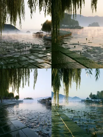 拂晓薄雾漫绕西湖长堤杨柳画舫水榭，写实国风，前景：岸边湿润青石板，垂落的杨柳嫩枝，水面漂浮零星荷尖，涟漪轻漾，晶莹晨露附着在柳叶之上；中景：蜿蜒西湖长堤，停泊精致仿古画舫，临水精巧水榭，薄雾在水面缓缓流动，垂柳沿堤连绵舒展；远景：朦胧黛色远山，淡淡的湖心小岛，天际浅淡鱼肚白，远山轮廓在晨雾中若隐若现；天气：拂晓清晨，薄雾氤氲，无风静湖；光线：拂晓柔和天光，淡淡的朝阳微光穿透薄雾形成丁达尔体积光束，冷调晨雾与暖调天光形成冷暖色彩诗意对比，ue5实时路径追踪渲染，lumen全局光照，nanite超高精度几何体，超精细pbr材质纹理，8k超高清，32bit色深，电影级光影，体积光丁达尔光束，空气雾霭层次，丰富环境闭塞，细腻次表面散射，超写实物理材质，景深分层，细节拉满，百万级场景细节，hdr宽色域，电影构图，氛围感拉满，搭配sony cinealta f65摄影机，panavision primo prime 35mm广角镜头，16-bit linear raw格式，极宽色域，深景深，低对比度画面设置，完美保留暗部微小细节。负面提示词：模糊，低分辨率，糊脸，扭曲建筑，畸形物体，粗糙低模，塑料质感，卡通二次元，噪点，水印，文字，多余人物，杂乱构图，过曝，死黑无细节，扁平光影，廉价渲染，2d插画，手绘，变形透视，破碎模型