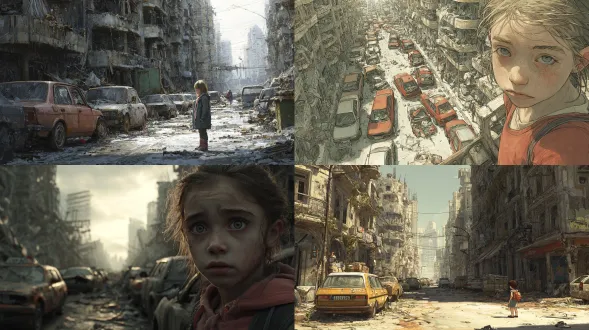 末日，废墟，没有人气的城市，街道上都是停滞的汽车，面目呆滞，露出绝望的小女孩，真实风格，高质量画面，末日的题材，纹理细腻。