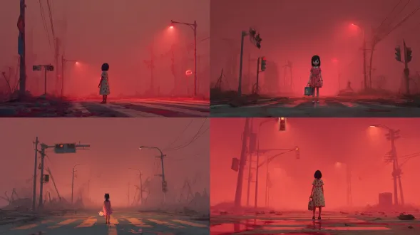 超现实末日场景，被红雾笼罩的废弃城市，黄昏时刻，8岁亚裔女孩孤立站在十字路口，右脸木偶化，穿着草莓连衣裙，手持发光怀表，身后游荡着关节反向弯曲的透明灵体，地面渗出血管状液体，街灯闪烁与心跳同步，低饱和度配色，电影级光影，8k分辨率