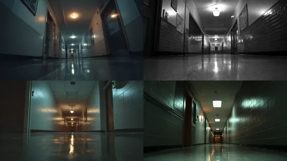 【符合神秘复苏主题，电影感恐怖氛围，学校楼昏暗走廊】视角看向走廊尽头，崭新的墙壁，反光的地面，一盏接触不良的声控灯在闪烁。低角度广角镜头，色调为暗青灰色。