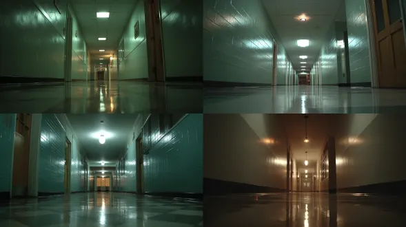 【符合神秘复苏主题，电影感恐怖氛围，学校昏暗走廊】视角看向走廊尽头，崭新的墙壁，反光的地面，一盏接触不良的声控灯在闪烁。低角度广角镜头，色调为暗青灰色。