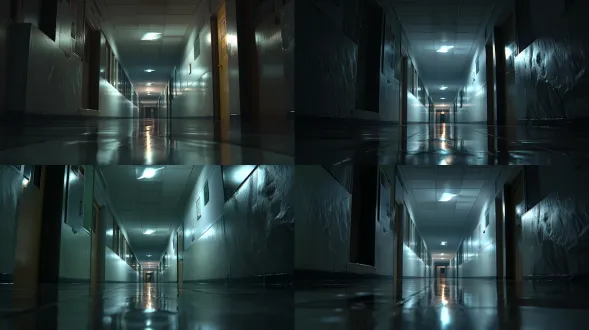 【符合神秘复苏主题，电影感恐怖氛围，学校昏暗走廊】视角看向走廊尽头，崭新的墙壁，反光的地面，一盏接触不良的声控灯在闪烁。低角度广角镜头，色调为暗青灰色。