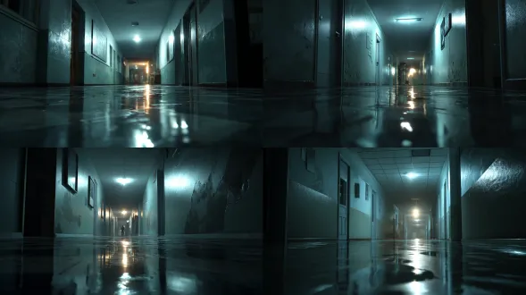 【符合神秘复苏主题，电影感恐怖氛围，老旧学校楼昏暗走廊】视角看向走廊尽头，潮湿年久失修的墙壁，反光的地面，一盏接触不良的声控灯在闪烁。一个被极度拉长、非人形的扭曲影子，正从走廊尽头随着闪烁的灯光缓缓向前蔓延。强烈的压迫感，低角度广角镜头，色调为暗青灰色。