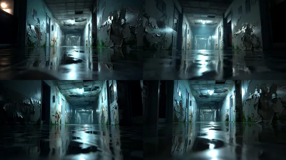 【符合神秘复苏主题，电影感恐怖氛围，老旧学校楼昏暗走廊】视角看向走廊尽头，潮湿年久失修的墙壁，反光的地面，一盏接触不良的声控灯在闪烁。一个被极度拉长、非人形的扭曲影子，正从走廊尽头随着闪烁的灯光缓缓向前蔓延。强烈的压迫感，低角度广角镜头，色调为暗青灰色。