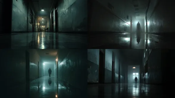 【符合神秘复苏主题，电影感恐怖氛围，老旧学校楼昏暗走廊】视角看向走廊尽头，潮湿年久失修的墙壁，反光的地面，一盏接触不良的声控灯在闪烁。一个老人的影子被极度拉长、非人形的扭曲影子，正从走廊尽头随着闪烁的灯光缓缓向前蔓延。强烈的压迫感，低角度广角镜头，色调为暗青灰色。