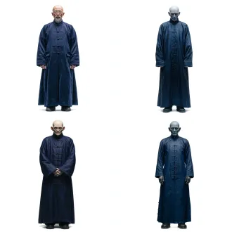 专业产品摄影，白色无缝背景，全身完整展示，正面视角，居中构图，超高清细节，8k分辨率，工作室灯光，死气沉沉老年男性，青黑色皮肤，空洞眼窝，中式盘扣寿衣，僵硬姿势，诅咒黑雾，写实恐怖风格，科学记录视角，电影级角色塑造，清晰轮廓光，柔和主光，立体阴影，无生命质感