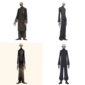 标准角色设定图，敲门鬼罗文松全身正面像，僵硬地站立，直视前方，居中对称构图，具有极强的压迫感，白底背景，身材高大瘦削，如同被拉长的影子，所有关节僵直，无任何弯曲，站姿像一具被竖直摆放的棺材。全身皮肤呈不均匀的死尸青黑色，遍布深褐色老年斑与尸斑，皮肤紧贴骨骼，毫无脂肪与肌肉的饱满感，呈现出脱水皮革或干涸泥土的干裂质感。头颅微向前倾，头发稀疏花白。眼眶深陷，没有眼球，只有两个吸收一切光线的纯黑窟窿。颧骨高耸，脸颊凹陷，嘴唇呈深紫色，微微张开。身穿一件老式对襟盘扣的黑色寿衣，布料厚重无光，七颗布扣一丝不苟。衣服略显宽大，更显其身体干瘦。下穿同色宽筒寿裤与黑色圆口布鞋。其右臂以违反人体舒适度的角度向前抬起，右手指关节异常粗大，呈僵硬的半握拳状（仿佛虚握门环），指尖萦绕着一缕缕具象化的黑色烟雾（代表诅咒）。左臂僵直下垂。中式恐怖，规则厉鬼，死寂感，静态恐怖，无生命特征，吸光质感，高度写实，生物模型，细节狂热，电影级角色设计，专业摄影，影棚灯光，白色无缝背景，轮廓光清晰，8k分辨率，超高细节，锐利聚焦，