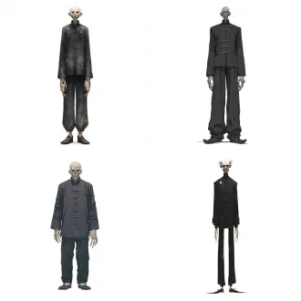 标准角色设定图，敲门鬼罗文松全身正面像，僵硬地站立，直视前方，居中对称构图，具有极强的压迫感，白底背景，身材高大瘦削，如同被拉长的影子，所有关节僵直，无任何弯曲，站姿像一具被竖直摆放的棺材。全身皮肤呈不均匀的死尸青黑色，遍布深褐色老年斑与尸斑，皮肤紧贴骨骼，毫无脂肪与肌肉的饱满感，呈现出脱水皮革或干涸泥土的干裂质感。头颅微向前倾，头发稀疏花白。眼眶深陷，没有眼球，只有两个吸收一切光线的纯黑窟窿。颧骨高耸，脸颊凹陷，嘴唇呈深紫色，微微张开。身穿一件老式对襟盘扣的黑色寿衣，布料厚重无光，七颗布扣一丝不苟。衣服略显宽大，更显其身体干瘦。下穿同色宽筒寿裤与黑色圆口布鞋。其右臂以违反人体舒适度的角度向前抬起，右手指关节异常粗大，呈僵硬的半握拳状（仿佛虚握门环），指尖萦绕着一缕缕具象化的黑色烟雾（代表诅咒）。左臂僵直下垂。中式恐怖，规则厉鬼，死寂感，静态恐怖，无生命特征，吸光质感，高度写实，生物模型，细节狂热，电影级角色设计，专业摄影，影棚灯光，白色无缝背景，轮廓光清晰，8k分辨率，超高细节，锐利聚焦，