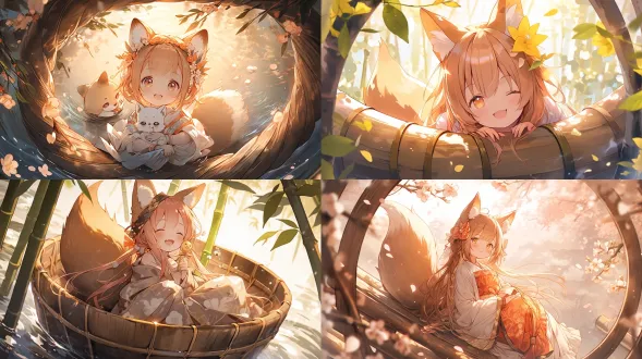 兽耳娘，狐狸少女，管狐，从竹筒中探出身子，橙色长发，金色眼睛，俏皮笑容，白色和服，狐狸耳朵，毛茸茸狐狸尾巴，可爱活泼，日系奇幻风格。竹筒，樱花，漂浮的光点，温暖阳光，细腻线条，柔和色彩，动态构图。高清，精细细节，8k分辨率