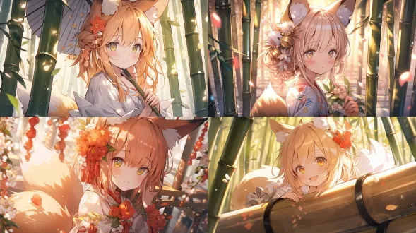 狐狸少女从竹筒探出身子，橙色长发，金色眼睛，俏皮笑容，白色和服，狐狸耳朵，毛茸茸尾巴，日系奇幻风格，竹筒樱花背景，漂浮光点，温暖阳光，细腻线条，柔和色彩，动态构图，高清细节，8k分辨率，广角镜头，柔光，浅景深，活泼可爱，梦幻氛围