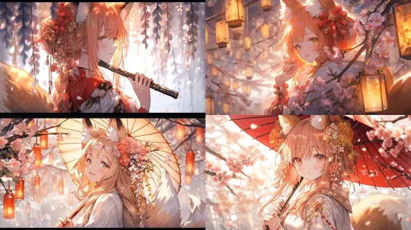 狐狸少女从竹筒探身，橙色长发金色眼睛俏皮笑容，白色和服狐狸耳朵毛茸尾巴，可爱活泼，竹筒樱花漂浮光点温暖阳光，日系奇幻风格，细腻线条柔和色彩动态构图，广角镜头浅景深逆光，高清精细细节8k分辨率，柔焦光晕梦幻氛围。
