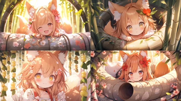 狐狸少女从竹筒探身，橙色长发金色眼睛俏皮笑容，白色和服狐狸耳朵毛茸尾巴，可爱活泼日系奇幻，竹筒樱花漂浮光点温暖阳光，动态构图对角线布局，柔和高光细腻线条粉彩色调，广角镜头浅景深逆光，8k高清精细细节，童话氛围梦幻唯美