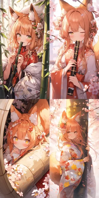 兽耳娘狐狸少女从竹筒探身，橙色长发金色眼睛俏皮笑容，白色和服狐狸耳朵毛茸尾巴，可爱活泼日系奇幻，竹筒樱花漂浮光点温暖阳光，细腻线条柔和色彩动态构图，广角镜头逆光柔焦，梦幻光影层次丰富，高清精细细节8k分辨率