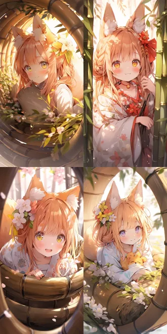 狐狸少女从竹筒探身，橙色长发，金色眼睛，俏皮笑容，白色和服，狐狸耳朵毛尾巴，可爱活泼，日系奇幻风格，竹筒樱花，漂浮光点，温暖阳光，细腻线条，柔和色彩，动态构图，高清精细细节，8k分辨率，浅景深，柔焦，逆光，梦幻氛围，生动表情，自然光影，清新色调，特写镜头
