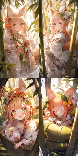 狐狸少女从竹筒中探出身子，橙色长发，金色眼睛，俏皮笑容，白色和服，狐狸耳朵，毛茸茸尾巴，可爱活泼，日系奇幻风格。竹筒，樱花，漂浮光点，温暖阳光，细腻线条，柔和色彩，动态构图。高清，精细细节，8k分辨率，广角镜头，浅景深，柔光，明亮色调，生动表情，童话氛围，梦幻光影，高饱和度，日式庭院，微风拂过，花瓣飘落，灵气环绕