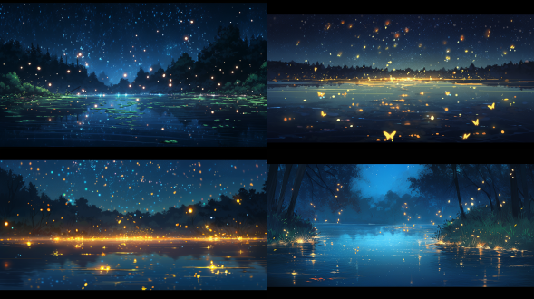 "夜晚湖面，萤火虫成群迁徙，星光倒影，4k高清，日式奇幻风格，柔和月光，温暖黄绿色调，广角镜头，长曝光，水面微光涟漪，宁静神秘氛围，细腻笔触，浮世绘元素，梦幻空灵，深邃蓝黑背景，微弱萤光点缀，流动感，超现实主义，高细节，极光效果，薄雾轻绕，静谧诗意。"